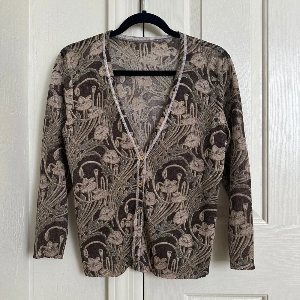 Tory Burch Vanessa Metallic Floral Jacquard Cardigan –‎ Brown & Gold